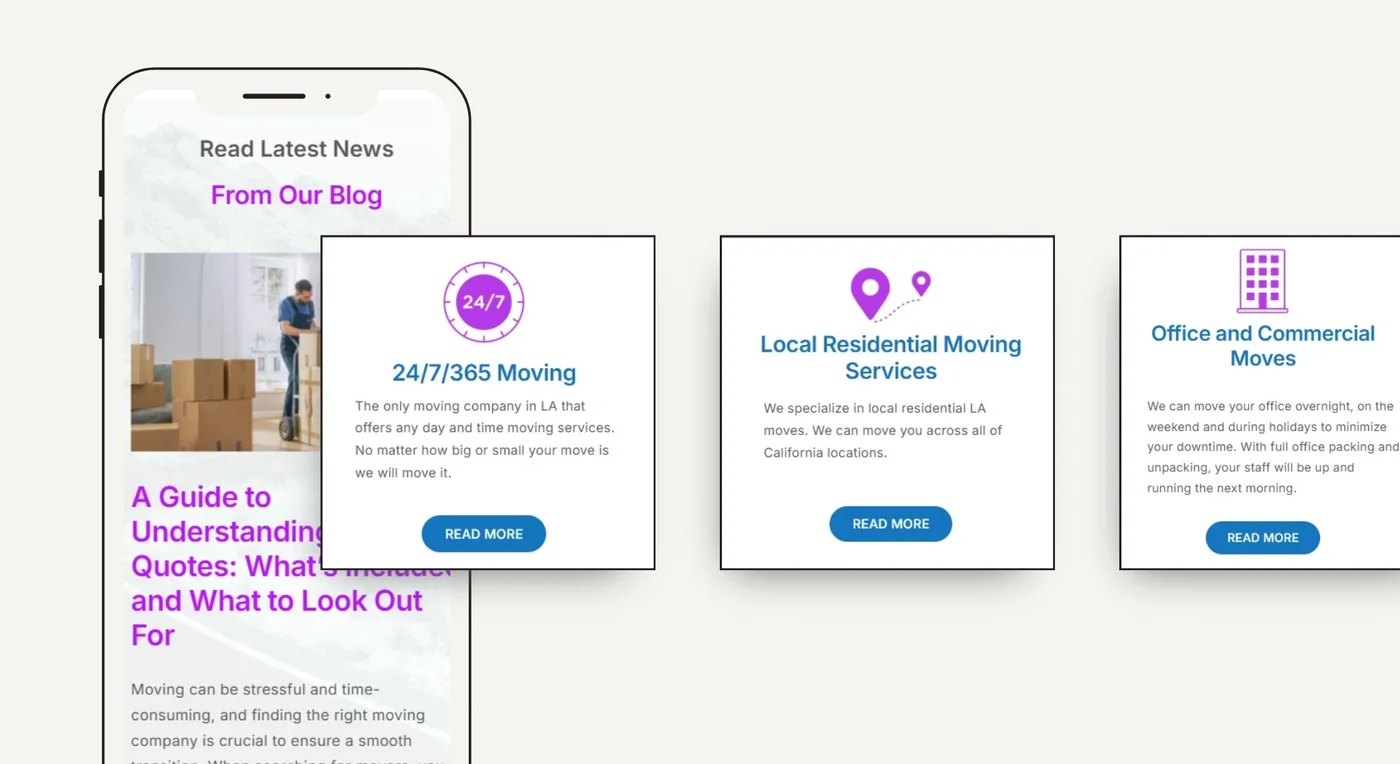 EVOM Moving — service pages on desktop and mobile