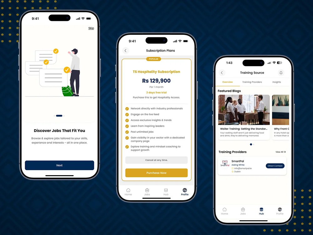 Onboarding, subscription plans and training hub screens