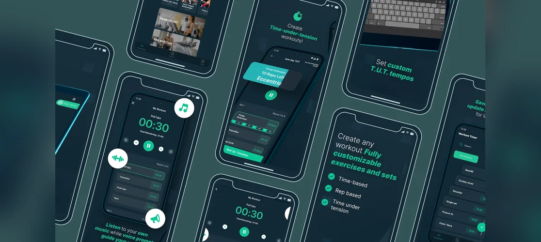 Workout Timer app screens: interval timer, time-under-tension and workout builder